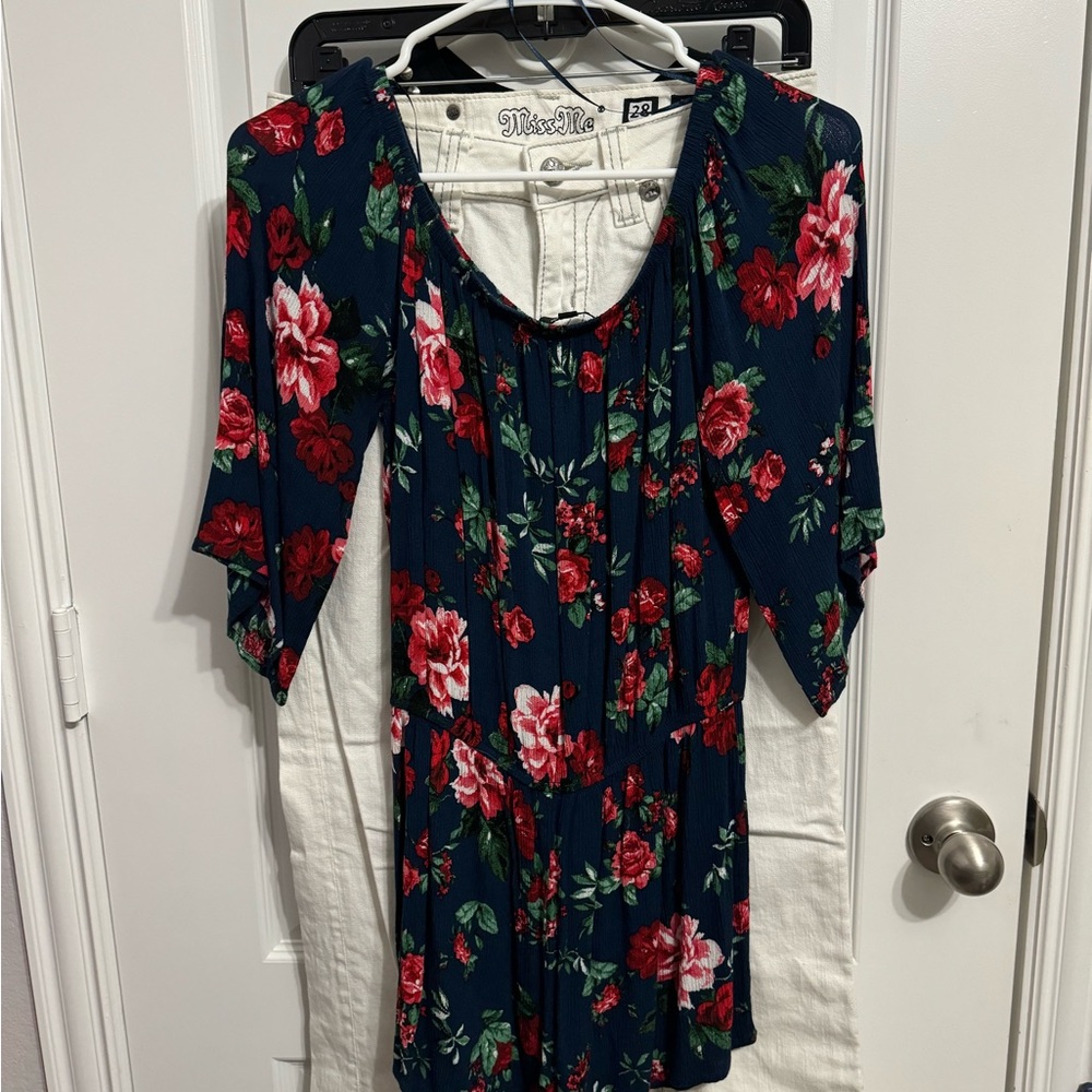 Floral Navy Dress romper shorts with Red and Pink Roses size medium